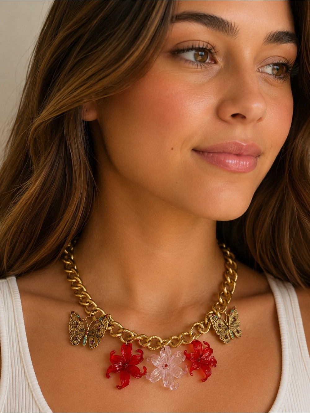 Butterfly/Flower Gold-Plated Chunky Chain Necklace